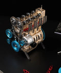 Premium Metal Inline Four Cylinder Engine Model Kit That Runs Sick And Tight Motorized Assembly Featuring Anodized Aluminum Craftsmanship Built Like A Tank For Serious Adult Gearheads showing detailed engine components and gears.