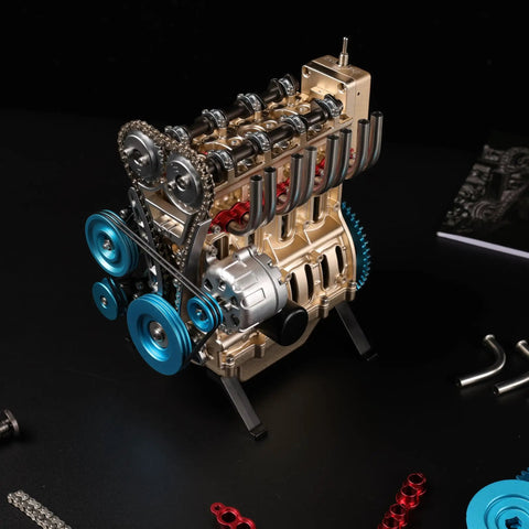 Premium Metal Inline Four Cylinder Engine Model Kit That Runs Sick And Tight Motorized Assembly Featuring Anodized Aluminum Craftsmanship Built Like A Tank For Serious Adult Gearheads showing detailed engine components and gears.