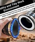 Close-up of magnetic dust-collection fitting connecting 4-inch and 2.5-inch hoses; metal ring with blue glow.
