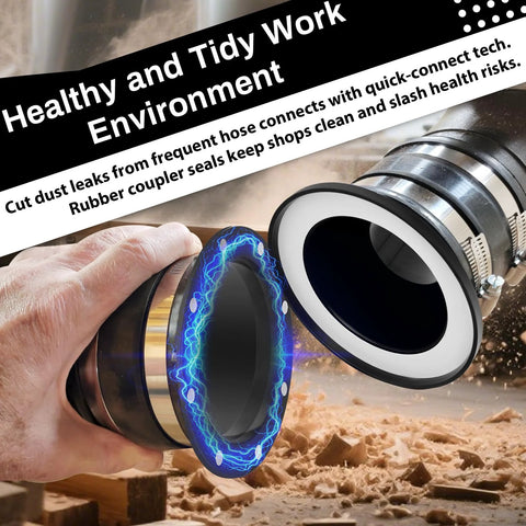 Close-up of magnetic dust-collection fitting connecting 4-inch and 2.5-inch hoses; metal ring with blue glow.