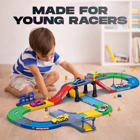 Child playing with First Speed Race Track Builder Playset For Kids With Six Diecast Cars And Accessories, Easy Snap Together Raceway Kit
