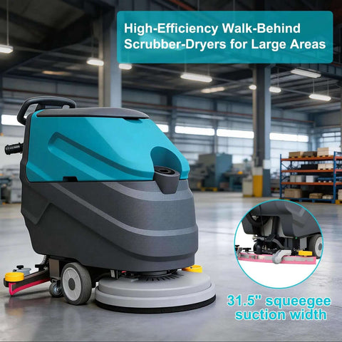 Powerful Walk Behind Floor Scrubber Polisher Dryer That Dries Floors Fast, visible in a warehouse setting with 31.5-inch suction