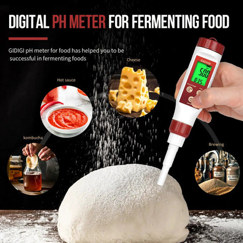 Go To Food pH Meter Digital With Spear Tip Probe For Fermentation Hot Sauce Canning Cheese Sourdough And More Water Resistant Food Acidity Tester For Solid And Liquid Calibrations Included testing dough