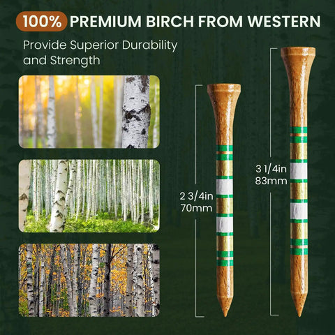 Western Birch Wood Golf Tees 100 Pack With Four Lengths 1.5 Inch, 2 Inch, 2.75 Inch, 3.25 Inch Durable Stable Tees With Smooth Surface displayed.