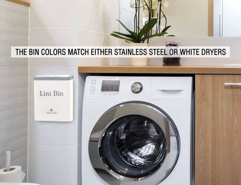 Lint Bin With Lid For Laundry Room, Small Magnetic Wall Mount Trash Can mounted on white dryer, compact design for tight spaces
