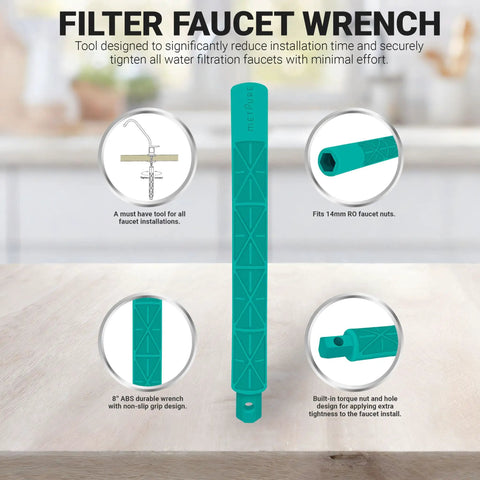 Image of a filter faucet wrench with turquoise design, fitting 14mm RO faucet nuts, used with No Airgap NSF Certified RO Faucet.