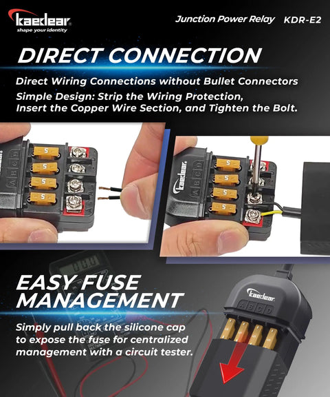 Motorcycle Power Relay Kit DC 12V 20A Waterproof 4 Way Fuse Block ACC Splitter demonstration with quick connect wires.