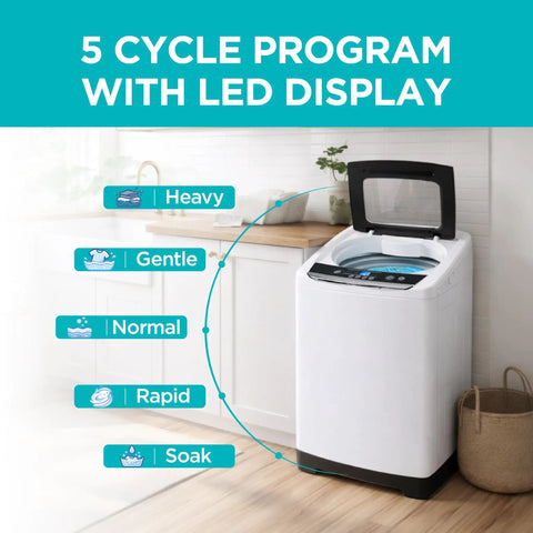 Compact Portable Washer That Hits Different With 0.9 Cubic Feet Capacity And Five Quick Wash Cycles For Absolutely No Sweat Apartment Laundry Cleanup In Bright White Finish with LED display.