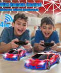 Two boys playing with Spider Transform Remote Control Car For Boys 2-In-1 Car And Robot, 2.4GHz RC on a living room floor.