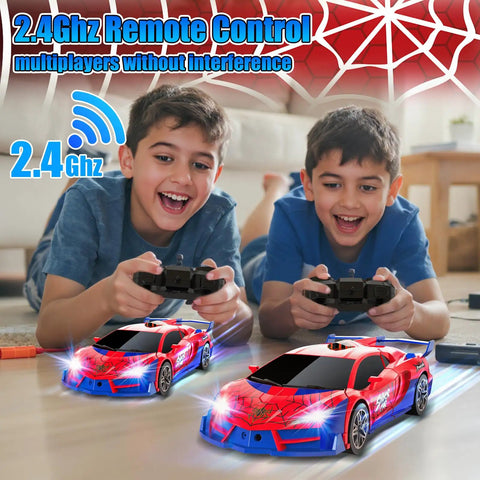 Two boys playing with Spider Transform Remote Control Car For Boys 2-In-1 Car And Robot, 2.4GHz RC on a living room floor.