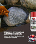 Applying Black Waterfall Foam Sealant for Landscape and Exterior DIY Projects around a rock, showcasing seamless integration.