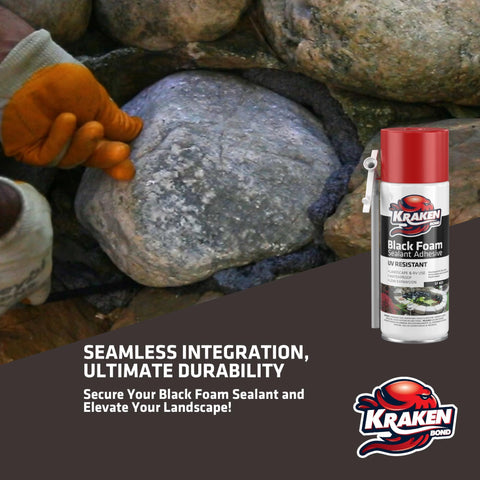 Applying Black Waterfall Foam Sealant for Landscape and Exterior DIY Projects around a rock, showcasing seamless integration.