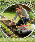 Woman using Adjustable Manual Vegetable Seeder Hand Push Seed Planter Easy To Use For Small Seeds Carrot Spinach Lettuce Soybean