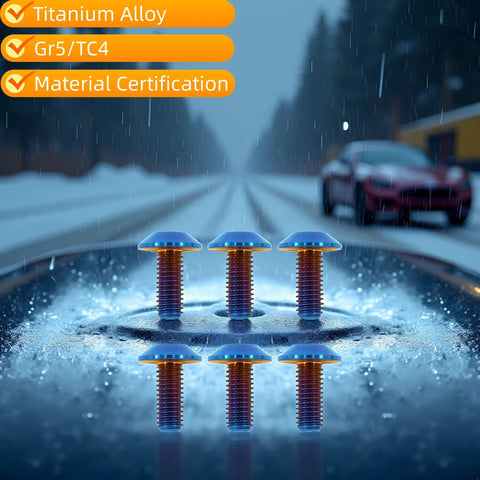 Badass Lightweight Titanium Bolts M6x15 Umbrella Head Star Drive Burnt Blue Six Piece Set for Bicycle Motorcycle and Car Setup on wet surface.