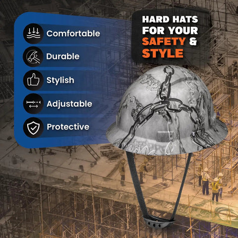 Image of an updated vented full brim hard hat with chain and padded suspension, OSHA approved safety helmet for men and women.