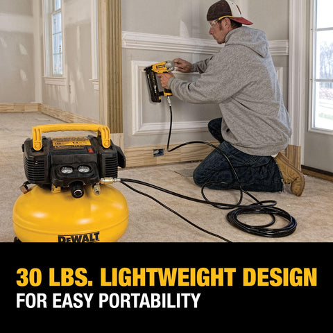Man using Pancake Air Compressor 6 Gallon 165 PSI Portable Electric Air Pump for fastening at job site. Lightweight design.
