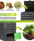 120 Gallon BPA Free Garden Compost Bin with open lid, showing compartments for fallen leaves, kitchen waste, and grass.
