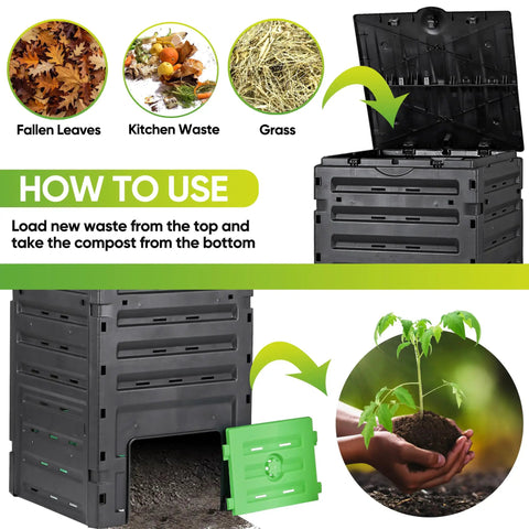 120 Gallon BPA Free Garden Compost Bin with open lid, showing compartments for fallen leaves, kitchen waste, and grass.