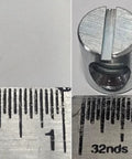 Close-up of zinc plated 25 Pack Cross Dowels Barrel Nuts 1/4-20 Thread, showing slotted design and measurement guide