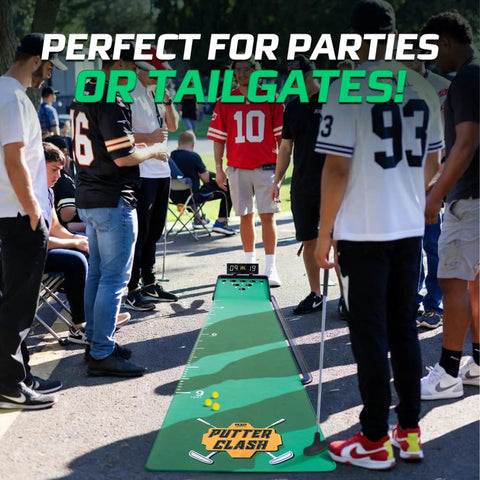Electronic Putter Game With Digital Scoreboard And Four Modes For Game Night Fun Twenty One Fifty Four Countdown Three Six Nine And Speed Golf For Indoor Outdoor Use On An 11 Ft Putting Green Mat Putter And Balls Included used at a tailgate party.