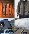 Outdoor gear including knives with leather sheaths, a jacket, a rooftop tent on a car, and a covered trailer with Heavy Duty Snap Fasteners Kit 15mm 320 Pieces 80 Sets 4 Colors Stainless Steel Snaps.