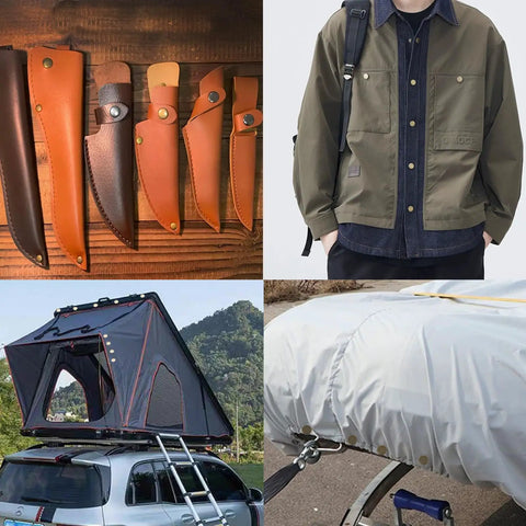 Outdoor gear including knives with leather sheaths, a jacket, a rooftop tent on a car, and a covered trailer with Heavy Duty Snap Fasteners Kit 15mm 320 Pieces 80 Sets 4 Colors Stainless Steel Snaps.