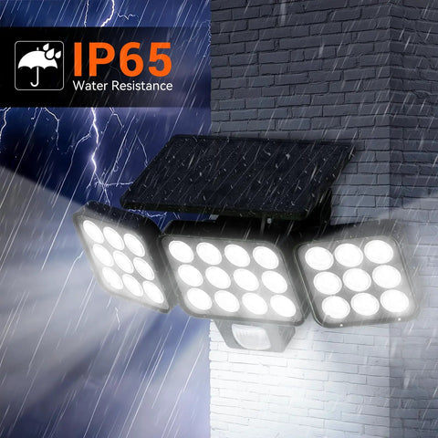 Two Pack Ultra Bright Solar Flood Lights Outdoor With Motion Sensor Three Head LED Security Lights in rain