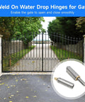 Heavy Duty Weld On Water Drop Gate Hinges 5 Piece Set, 0.51 x 0.63 x 3.15 In Steel Hinges shown with metal gate