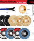 16 Piece Wood Carving Disc Kit For 4 Inch And 4.5 Inch Angle Grinders with various discs and adapters displayed