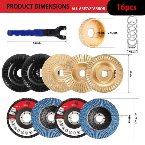16 Piece Wood Carving Disc Kit For 4 Inch And 4.5 Inch Angle Grinders with various discs and adapters displayed