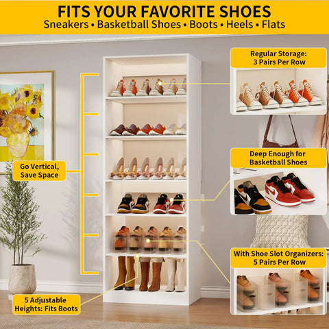 18 Tier Tall Shoe Cabinet Wooden Shoe Rack White Narrow Shoe Storage Organizer With Removable Shelves For Small Spaces Shoe Shelf Tower Holds 54 To 90 Pairs Ideal For Entryway Closet Or Hallway, displays shoes of various styles in organized shelves.