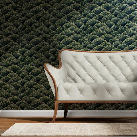 Dope Indigo Floral Wallpaper Featuring Sleek Gold Metallic Finish And Rich Fibrous Texture For A Clean Home Flex That Slaps On Walls While Staying Eco Friendly And Made In The Usa with tufted white sofa