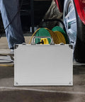 Workhorse Aluminum Toolbox Organizer With Heavy Duty Lock And Molded Foam Inserts Portable Stash Case, shown in workshop setting.