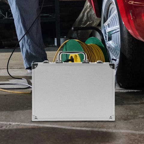 Heavy Duty Aluminum Alloy Tool Box With Badass Hard Shell Storage Case For Hand Tools And Instruments Portable Carry Handle in workshop.