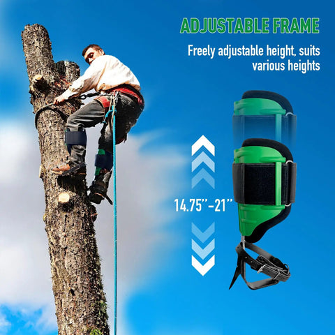 Built Tough Tree Climbing Spikes Set With Adjustable Straps And Spike Protectors in use by climber on tree