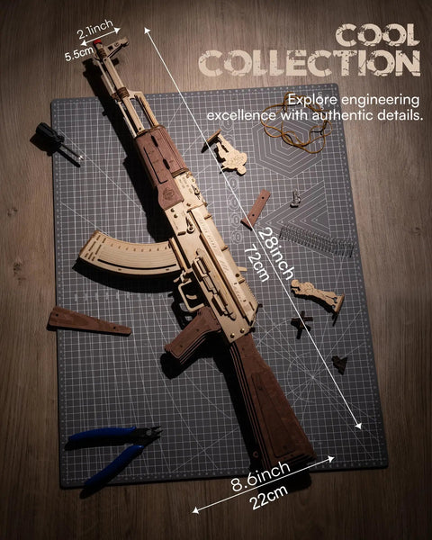 Wooden 3D AK47 Puzzle Model With Rubber Band Shooter Detachable Magazine And Two Fire Modes displayed on a work mat.