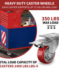 Heavy duty caster wheels supporting tool chest, featuring 3 inch heavy duty swivel casters with brakes polyurethane on steel wheels set of 4.