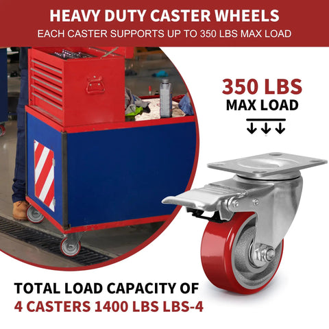 3 Inch Heavy Duty Swivel Caster Set Of Four Featuring Built Tough Polyurethane On Steel Wheels For Smooth Rolling Action and Cart Setup