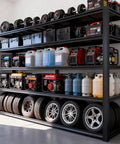 Beefy Heavy-Duty 5 Tier Garage Shelving Unit With Adjustable Shelves For Garage Workshop Basement Or Warehouse 84H X 55.03W X 24D Inches Industrial Storage Racking loaded with weights, tires, and equipment in a garage setting.
