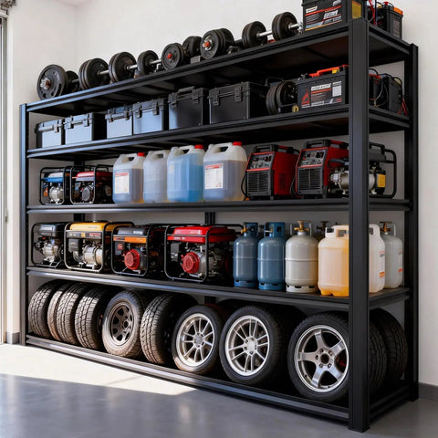 Beefy Heavy-Duty 5 Tier Garage Shelving Unit With Adjustable Shelves For Garage Workshop Basement Or Warehouse 84H X 55.03W X 24D Inches Industrial Storage Racking loaded with weights, tires, and equipment in a garage setting.
