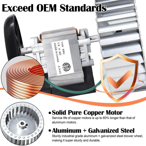 Inducer Motor Assembly with HC21ZE114A Furnace Motor, LA11AA005 Blower Wheel showcasing copper motor and galvanized steel construction