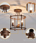 Three Light Farmhouse Vintage Semi Flush Mount Ceiling Light Fixture In Rustic Oil Rubbed Bronze Metal with E12 holder