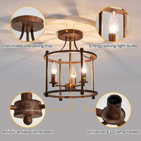 Three Light Farmhouse Vintage Semi Flush Mount Ceiling Light Fixture In Rustic Oil Rubbed Bronze Metal with E12 holder