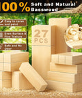 Basswood Carving Blocks Set for Beginners and Adults, 27 Piece Whittling Wood Kit With Mixed Sizes 1x1x4, 2x2x2, 2x2x4 Plus Pattern Sticker