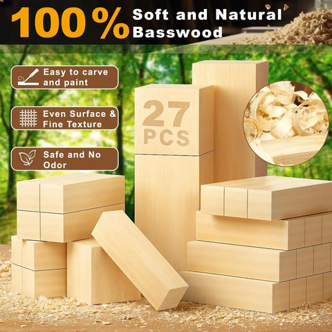 Basswood Carving Blocks Set for Beginners and Adults, 27 Piece Whittling Wood Kit With Mixed Sizes 1x1x4, 2x2x2, 2x2x4 Plus Pattern Sticker