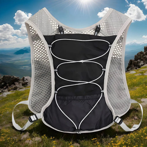 Hydration Running Vest With 5L Capacity, Reflective Water Backpack for running, showing front design and breathable mesh on a mountain trail.