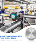 Close-up of a 2-inch stainless steel sanitary tri-clamp end cap, solid