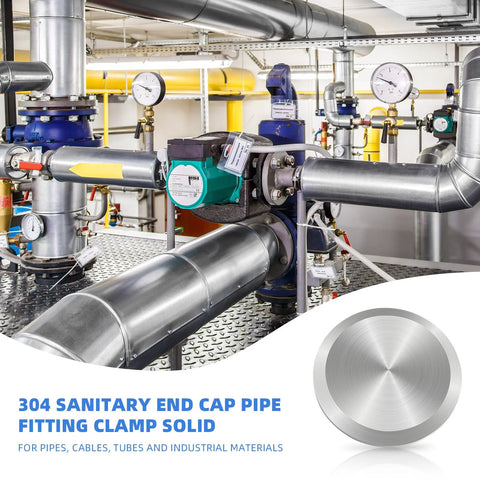 Close-up of a 2-inch stainless steel sanitary tri-clamp end cap, solid