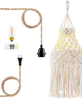 Boho Plug In Pendant Light With Macrame Shade And Hemp Rope Cord Dimmable Switch From 10 To 100 Percent Brightness Indoor Hanging Lamp