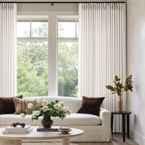 Pinch Pleated Linen Sheer Curtains 102 Inch Long, Two Panel Set With Ring Hooks And Clips For Track System in living room